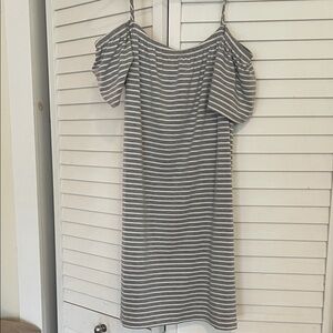 Mi Off-Shoulder Striped Mini Dress in Gray and White